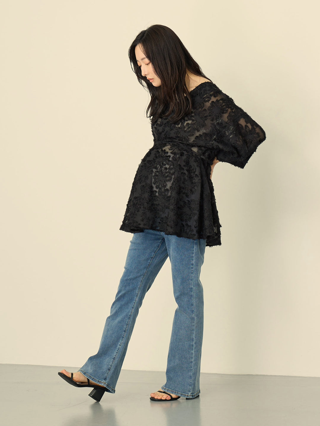 [Maternity/Postpartum] Stretch flare denim pants Blue