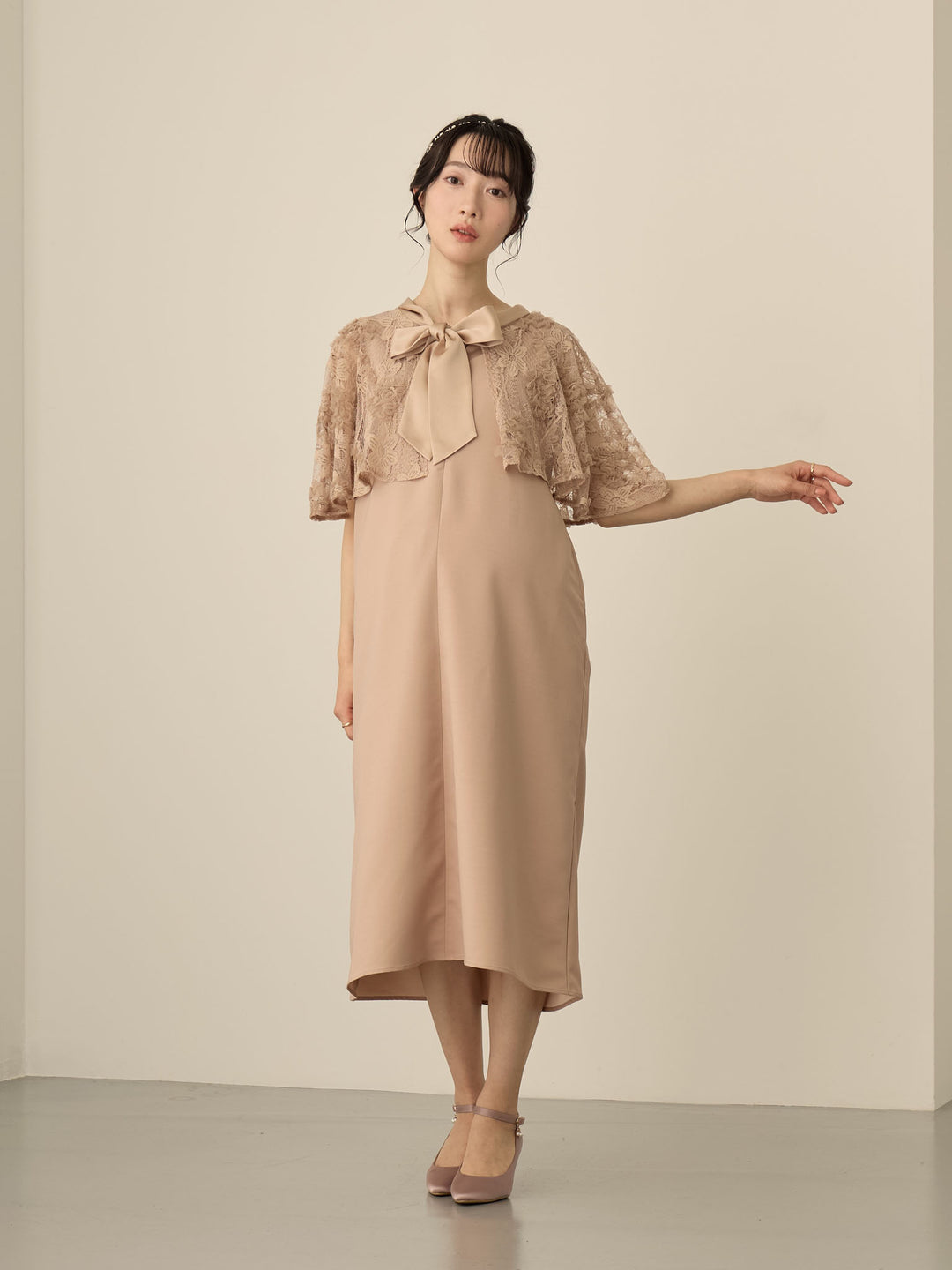 [Maternity/Nursing Wear] Lace Cape Dress Pink Beige