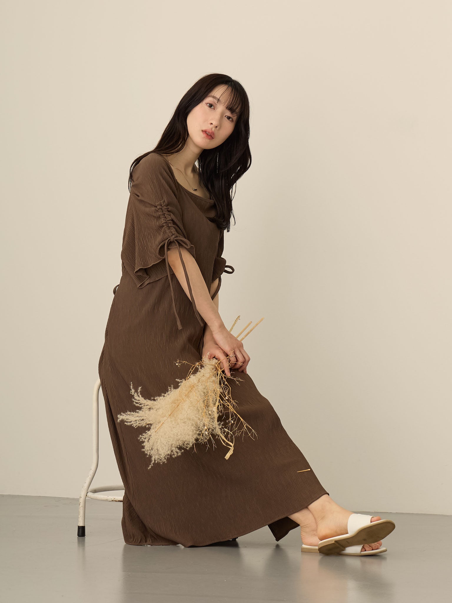 [Maternity/Nursing Wear] Sleeve Ribbon Square Dress Brown