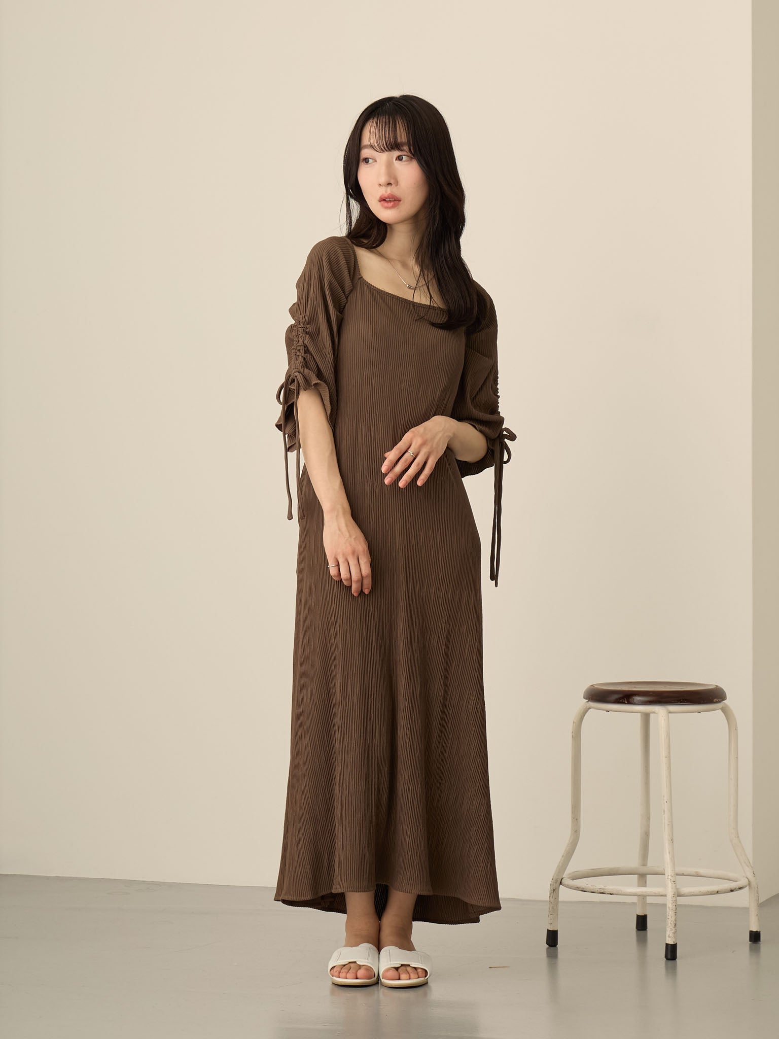 [Maternity/Nursing Wear] Sleeve Ribbon Square Dress Brown