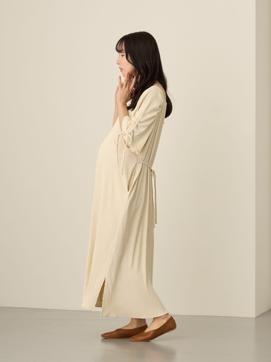 [Maternity/Nursing Wear] Sleeve Ribbon Square Dress Ivory