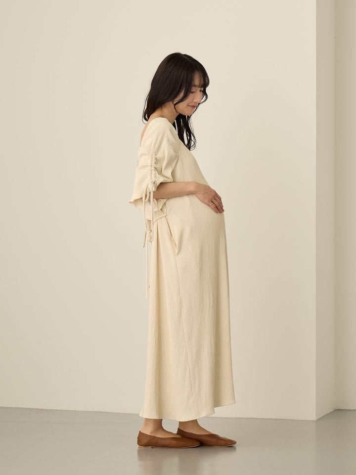 [Maternity/Nursing Wear] Sleeve Ribbon Square Dress Ivory