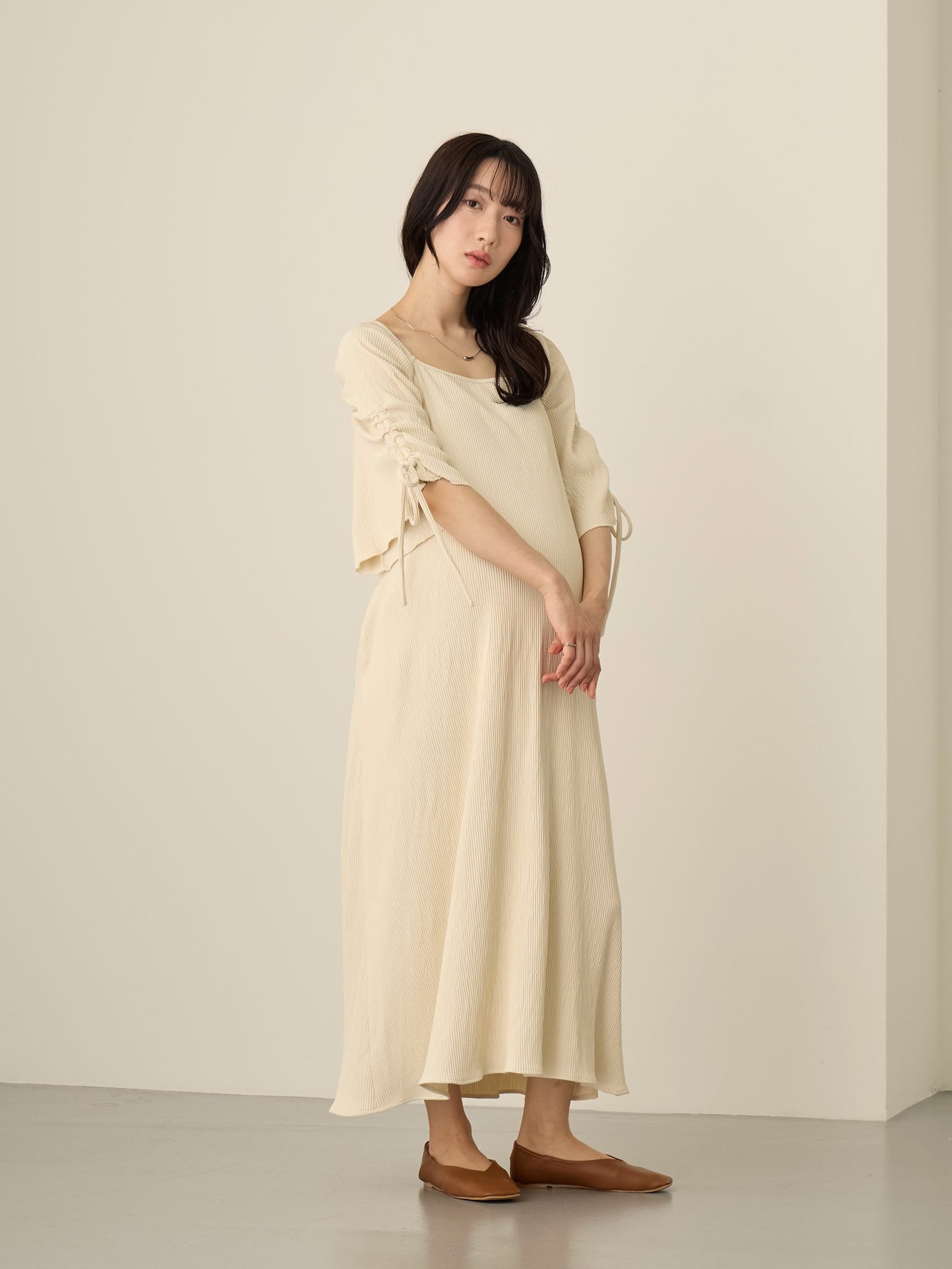 [Maternity/Nursing Wear] Sleeve Ribbon Square Dress Ivory