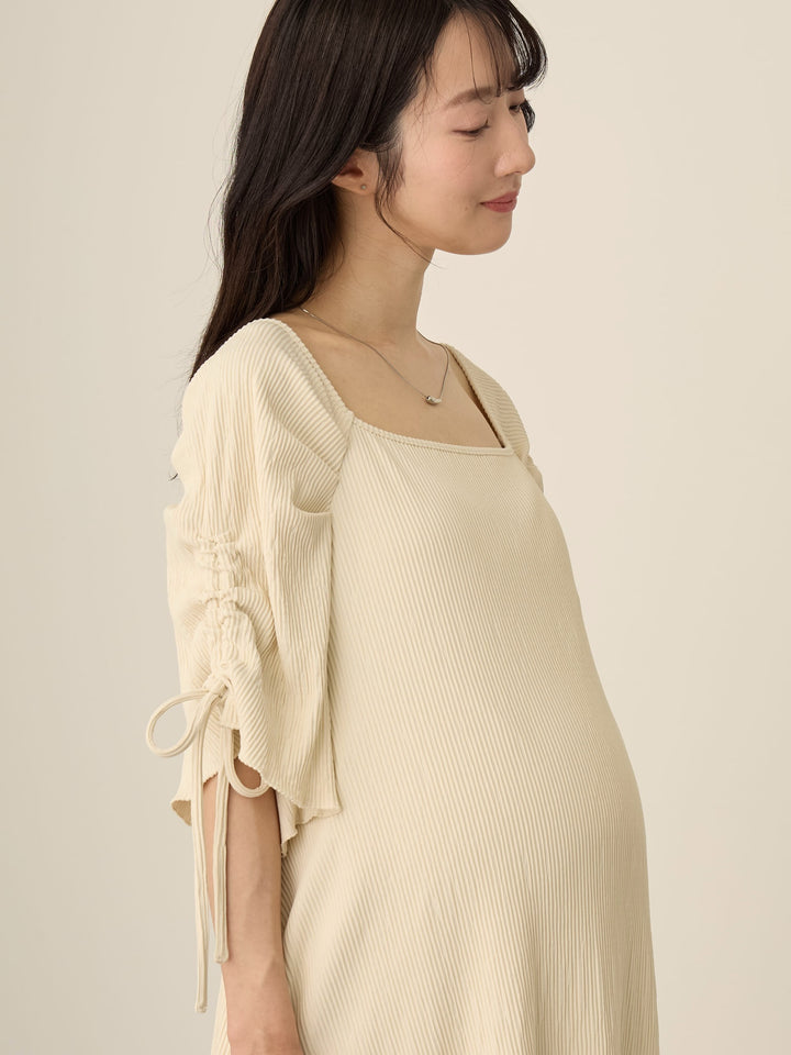 [Maternity/Nursing Wear] Sleeve Ribbon Square Dress Ivory