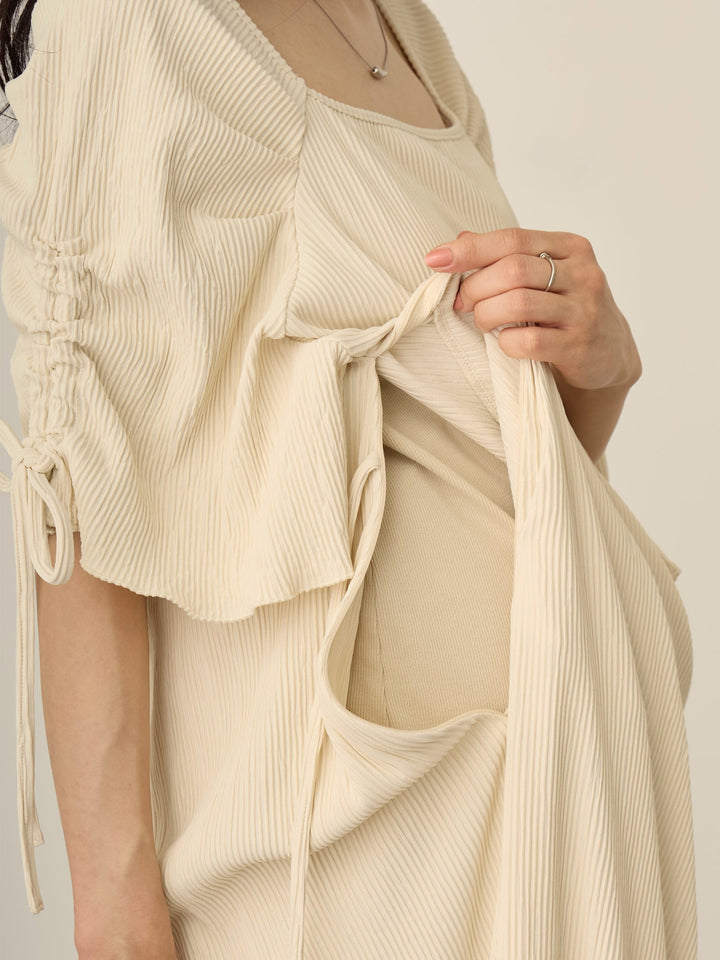 [Maternity/Nursing Wear] Sleeve Ribbon Square Dress Ivory