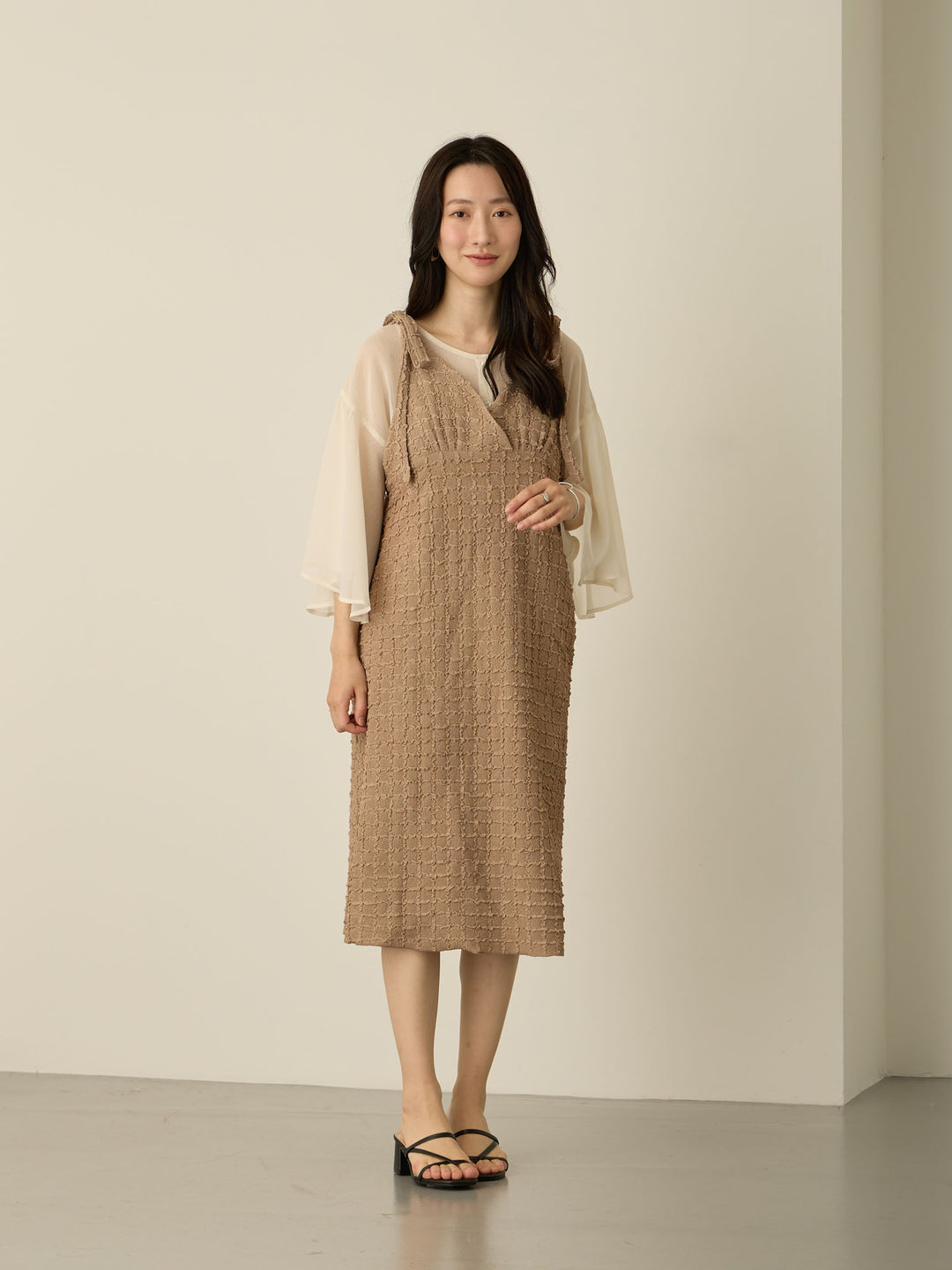 [Maternity/Postpartum] Shoulder Ribbon Camisole Dress, Beige