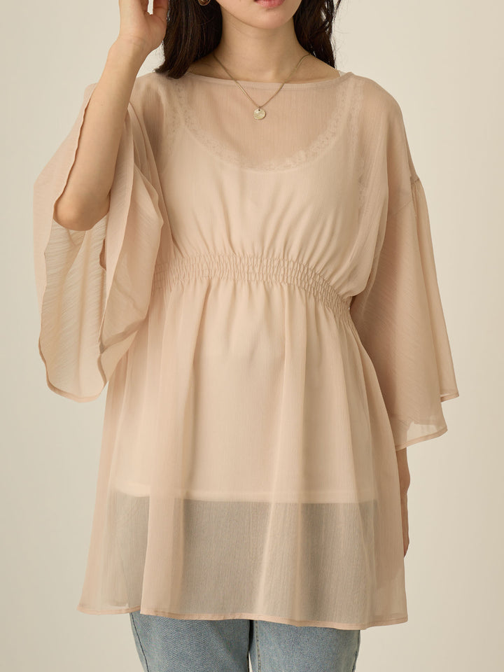 [Maternity/Nursing Wear] Sheer 2-way blouse and inner set Pink beige