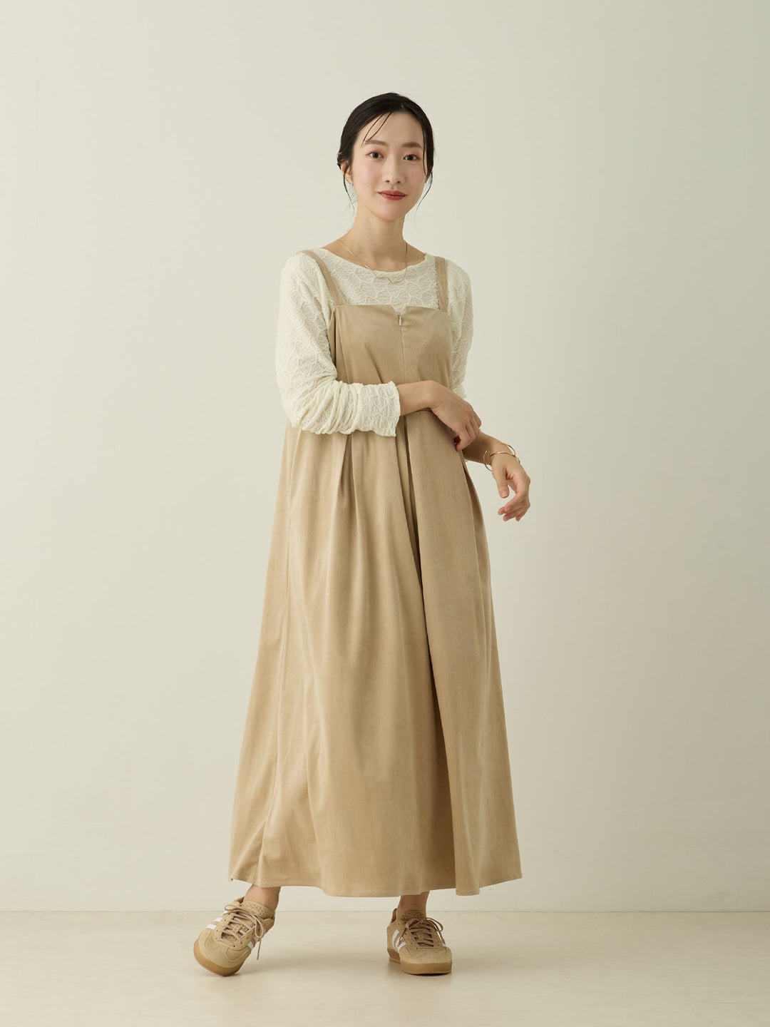 [Maternity/Nursing Wear] Corduroy Jumper Skirt, Beige