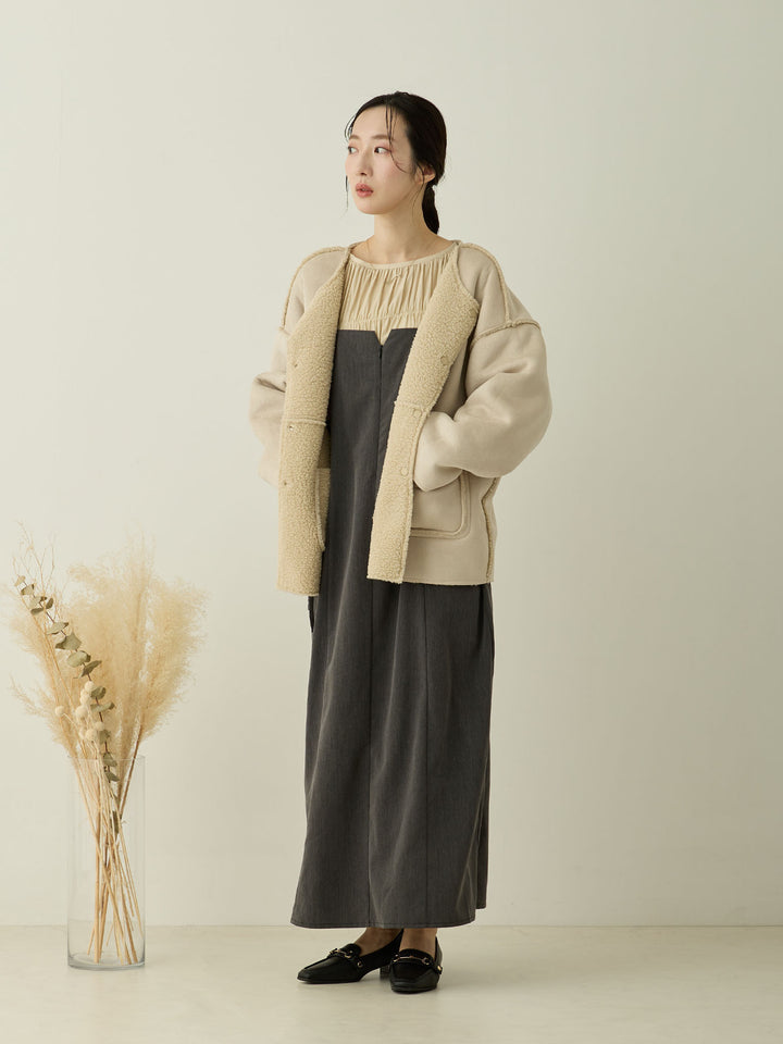 【マタニティ・産後】リバーシブルボアダッカー付きジャケット Beige