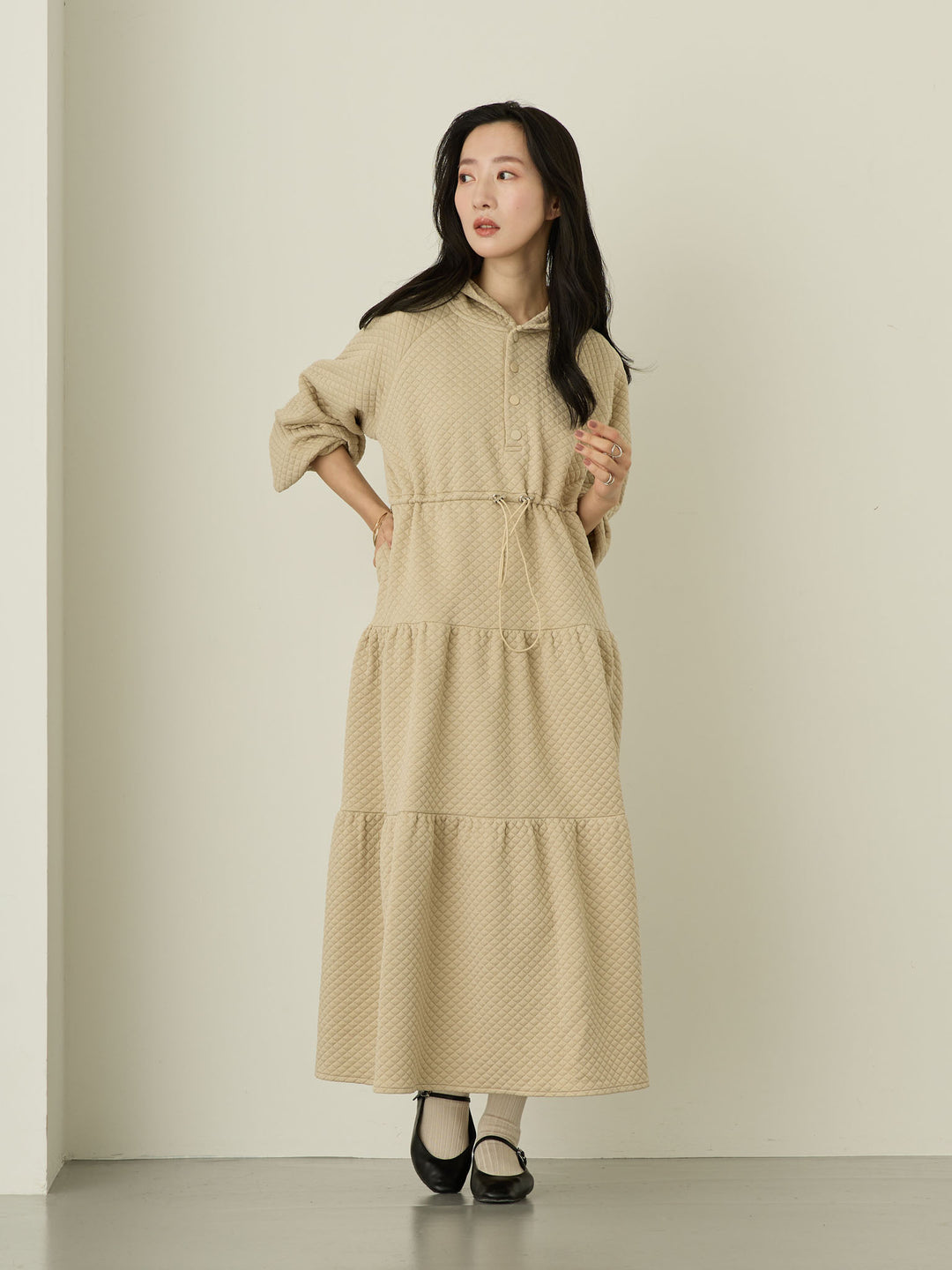 [Maternity/Nursing Wear] Quilted Parka Dress, Beige