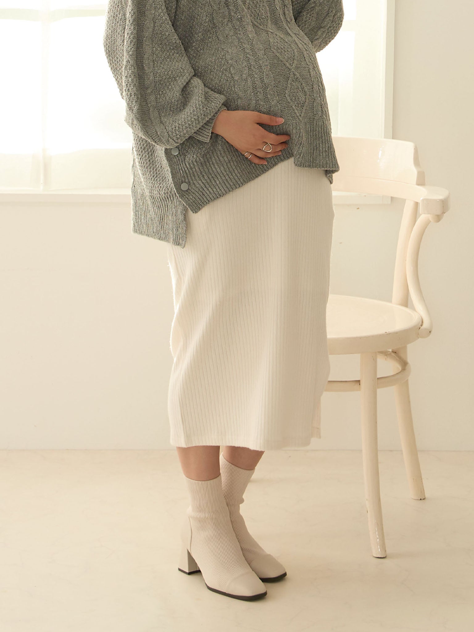 マタニティパンツ・産後パンツ＞ストレッチ＆お腹楽ちん！リボンワイドチノパンツ