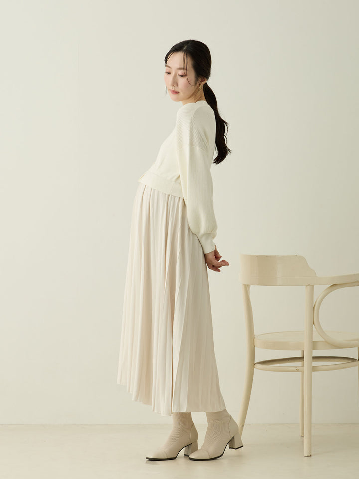 [Maternity/Nursing Wear] Knit Docking Pleated Dress Ecru