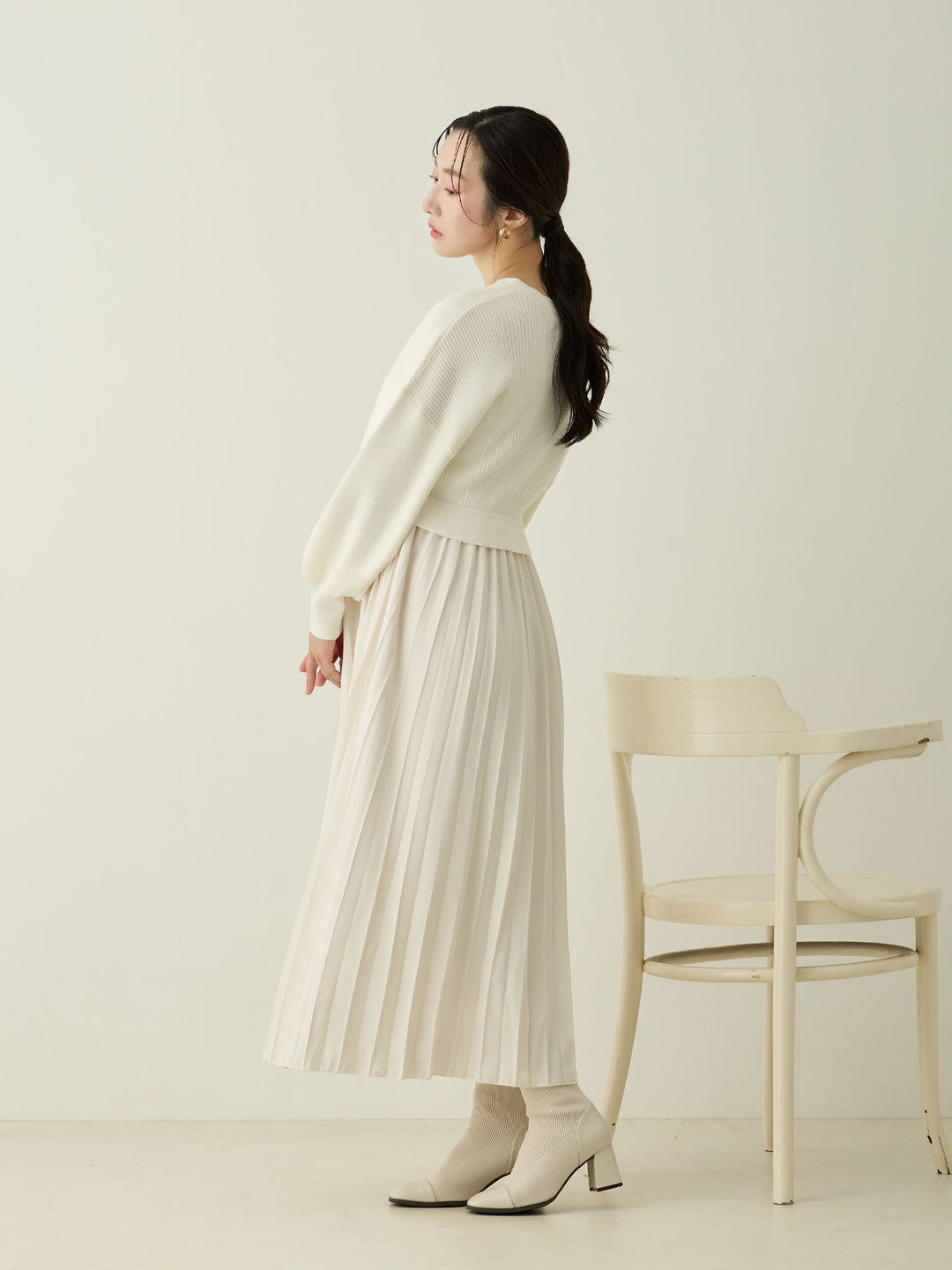 [Maternity/Nursing Wear] Knit Docking Pleated Dress Ecru