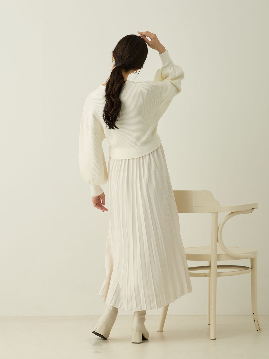 [Maternity/Nursing Wear] Knit Docking Pleated Dress Ecru