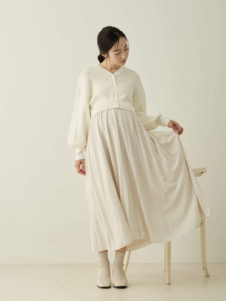 [Maternity/Nursing Wear] Knit Docking Pleated Dress Ecru