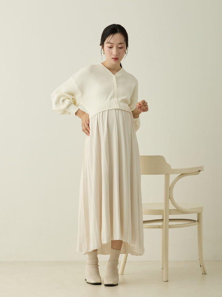 [Maternity/Nursing Wear] Knit Docking Pleated Dress Ecru