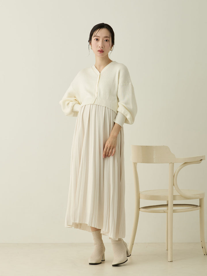 [Maternity/Nursing Wear] Knit Docking Pleated Dress Ecru