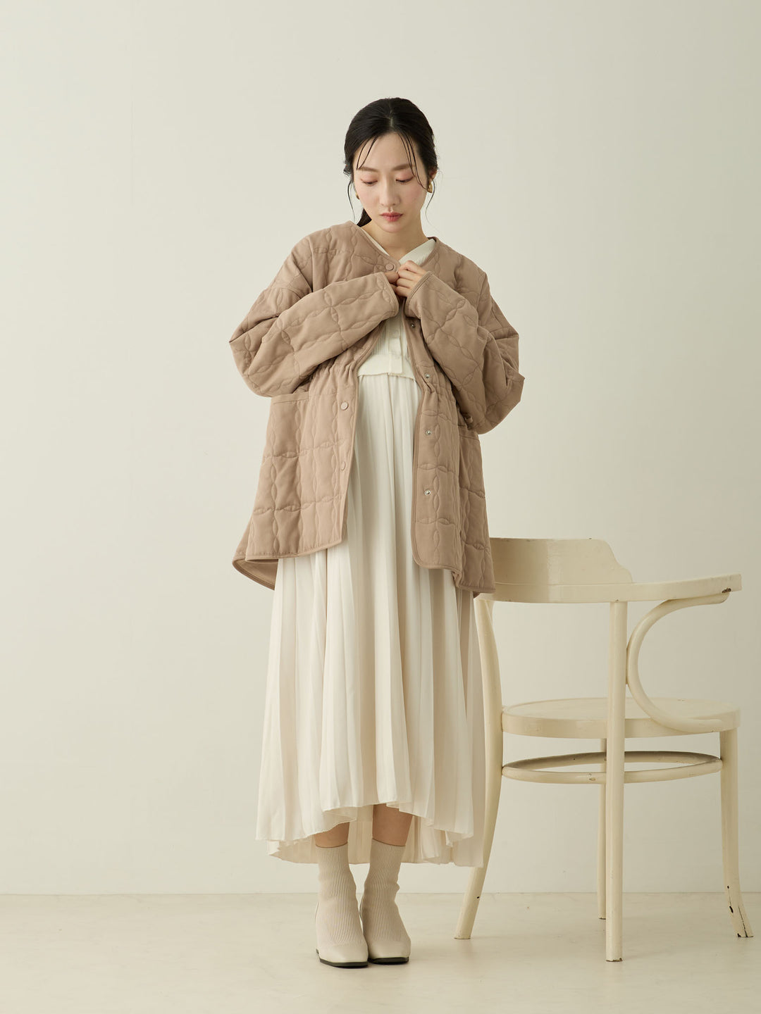 [Maternity/Nursing Wear] Knit Docking Pleated Dress Ecru