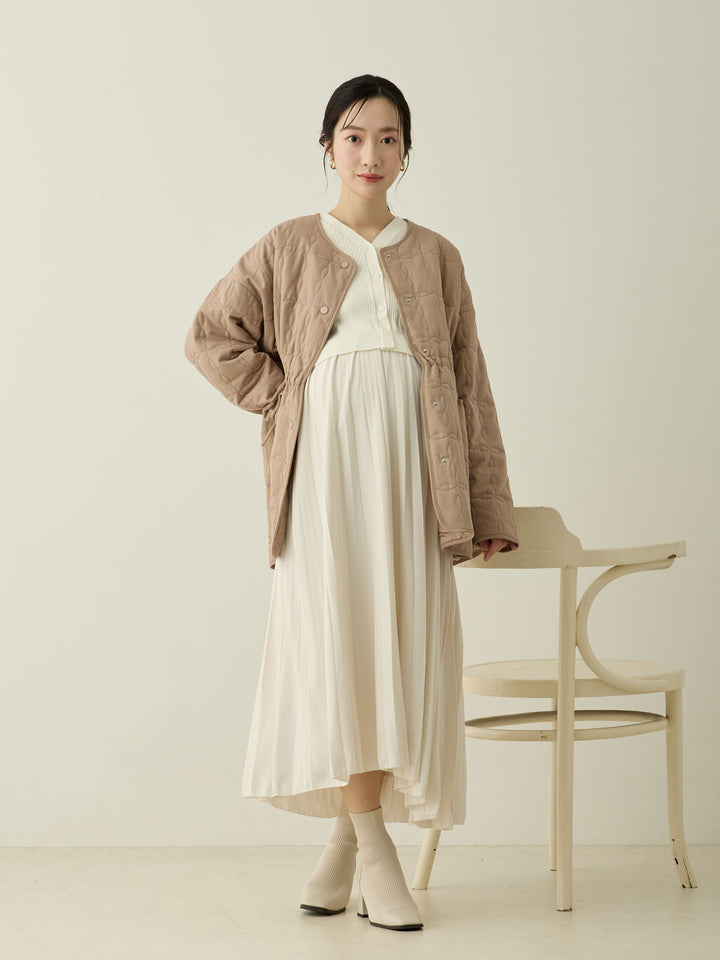 [Maternity/Nursing Wear] Knit Docking Pleated Dress Ecru