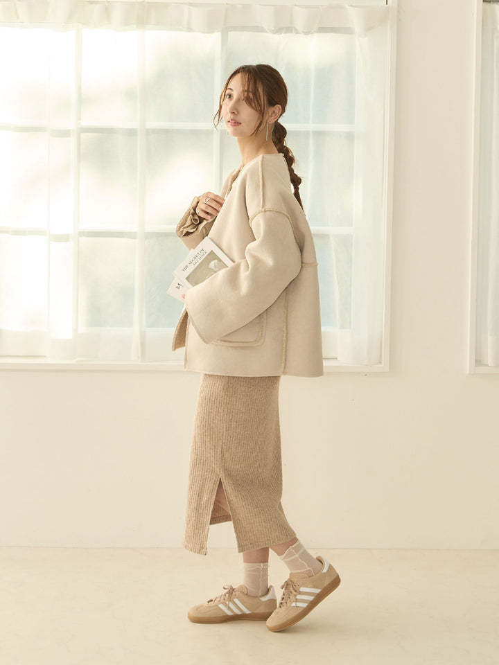 【マタニティ・産後】リバーシブルボアダッカー付きジャケット Beige