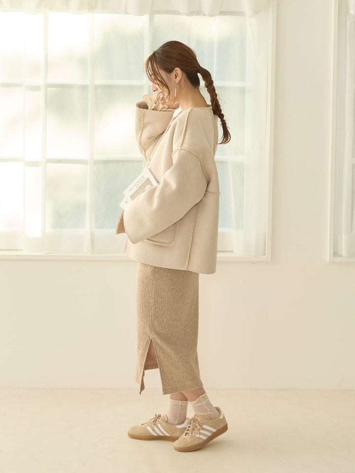 【マタニティ・産後】リバーシブルボアダッカー付きジャケット Beige