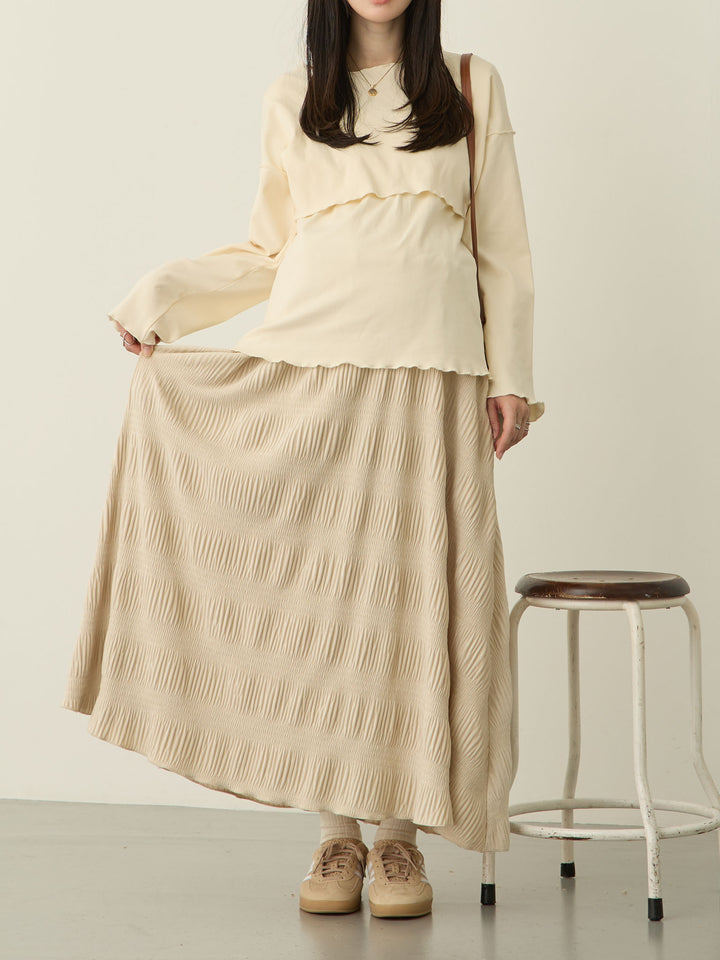 [Maternity/Nursing Wear] Fleece-lined Long T-shirt, Ivory