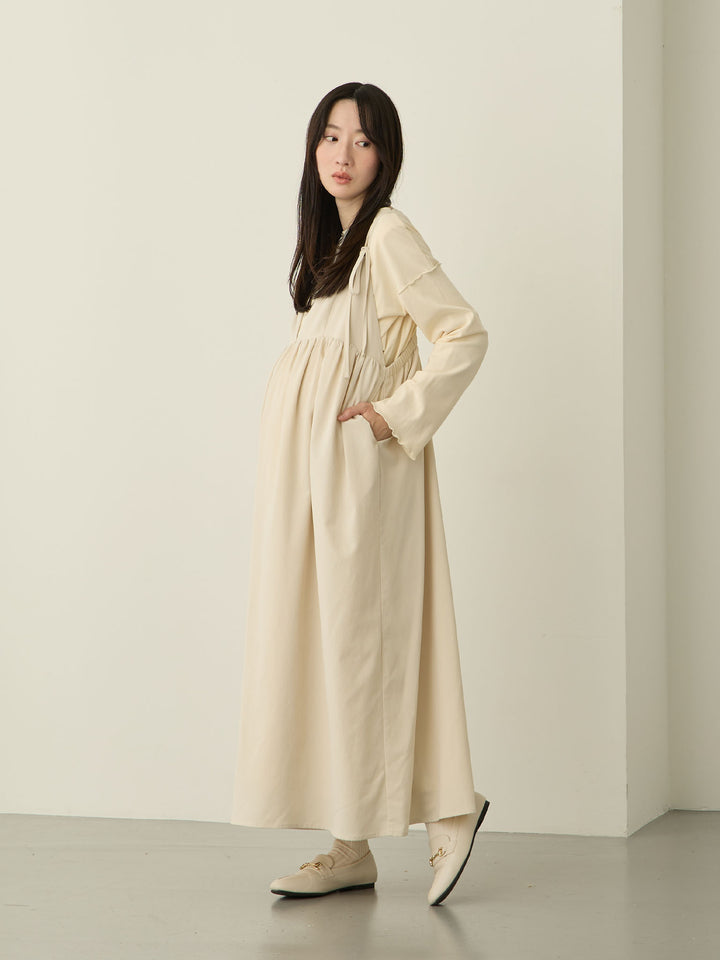 [Maternity/Nursing Wear] Fleece-lined Long T-shirt, Ivory