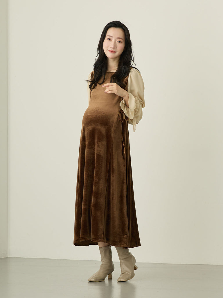 マタニティ・授乳服】ベロア切り替えリボンワンピース Brown – honono for mom&baby