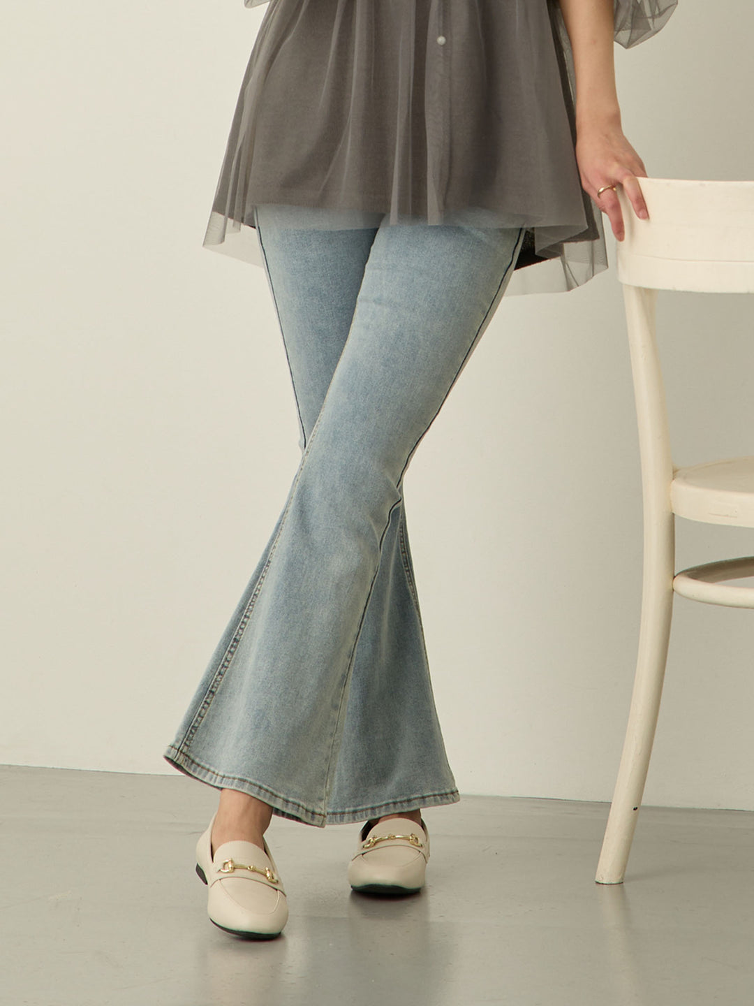 [Maternity/Postpartum] Stretch flare denim pants Light blue