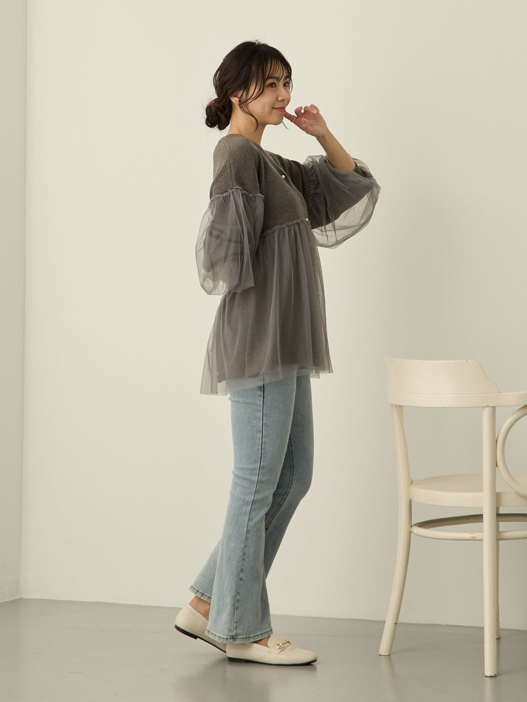 [Maternity/Postpartum] Stretch flare denim pants Light blue