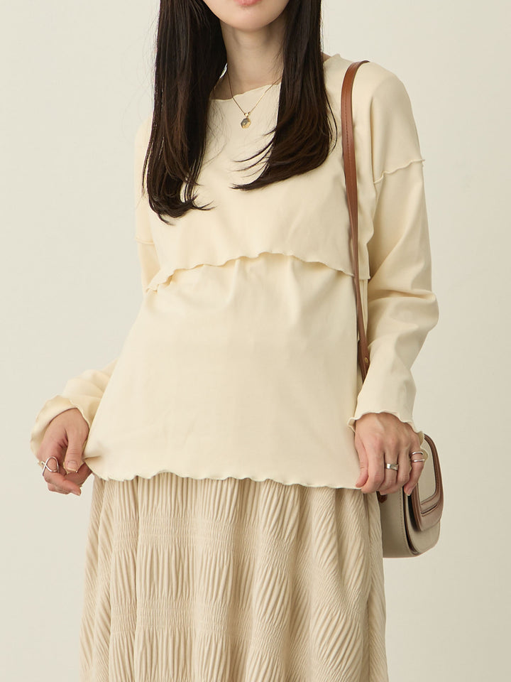 [Maternity/Nursing Wear] Fleece-lined Long T-shirt, Ivory